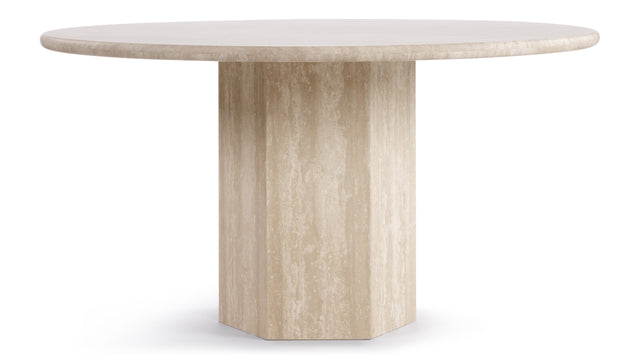 Saga Round Pedestal Dining Table, Travertine, 55in | Interior Icons