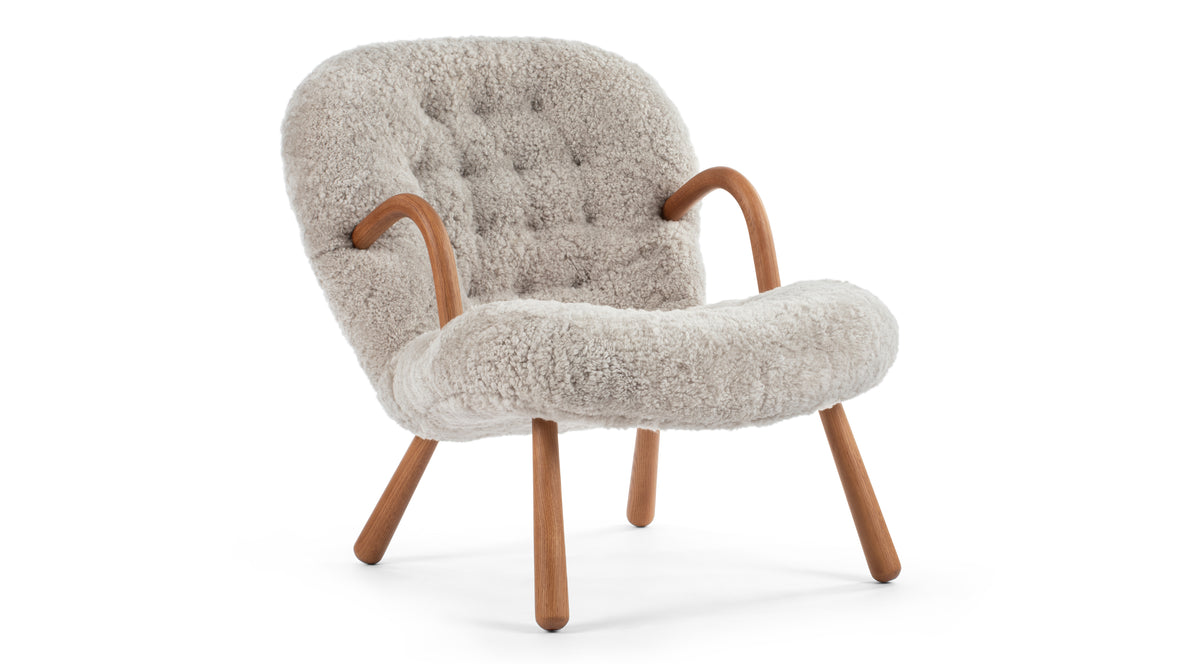 Clam - Clam Chair, Soft Gray Luxe Sheepskin