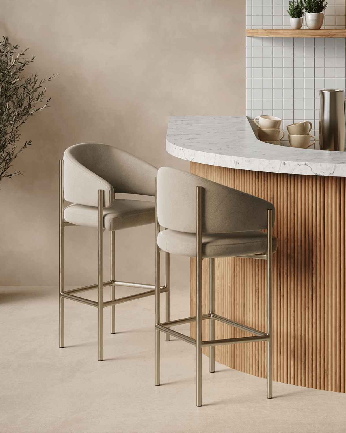 Esme Counter Stool, Latte Vegan Suede and Brushed Brass – Interior