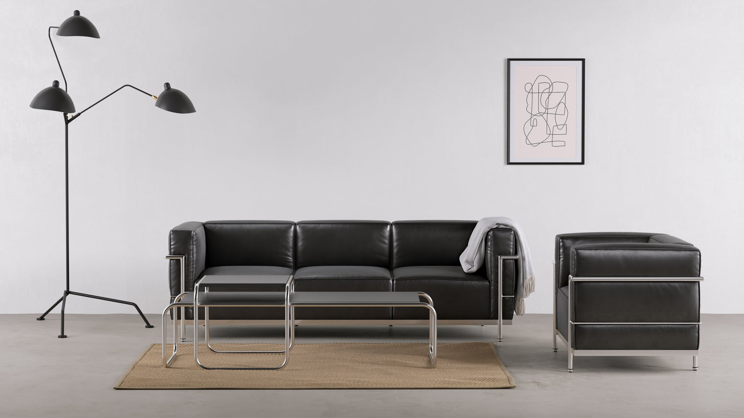 Corbusier - Corbusier Grand Modele Three Seater Sofa, Midnight Black Premium Leather