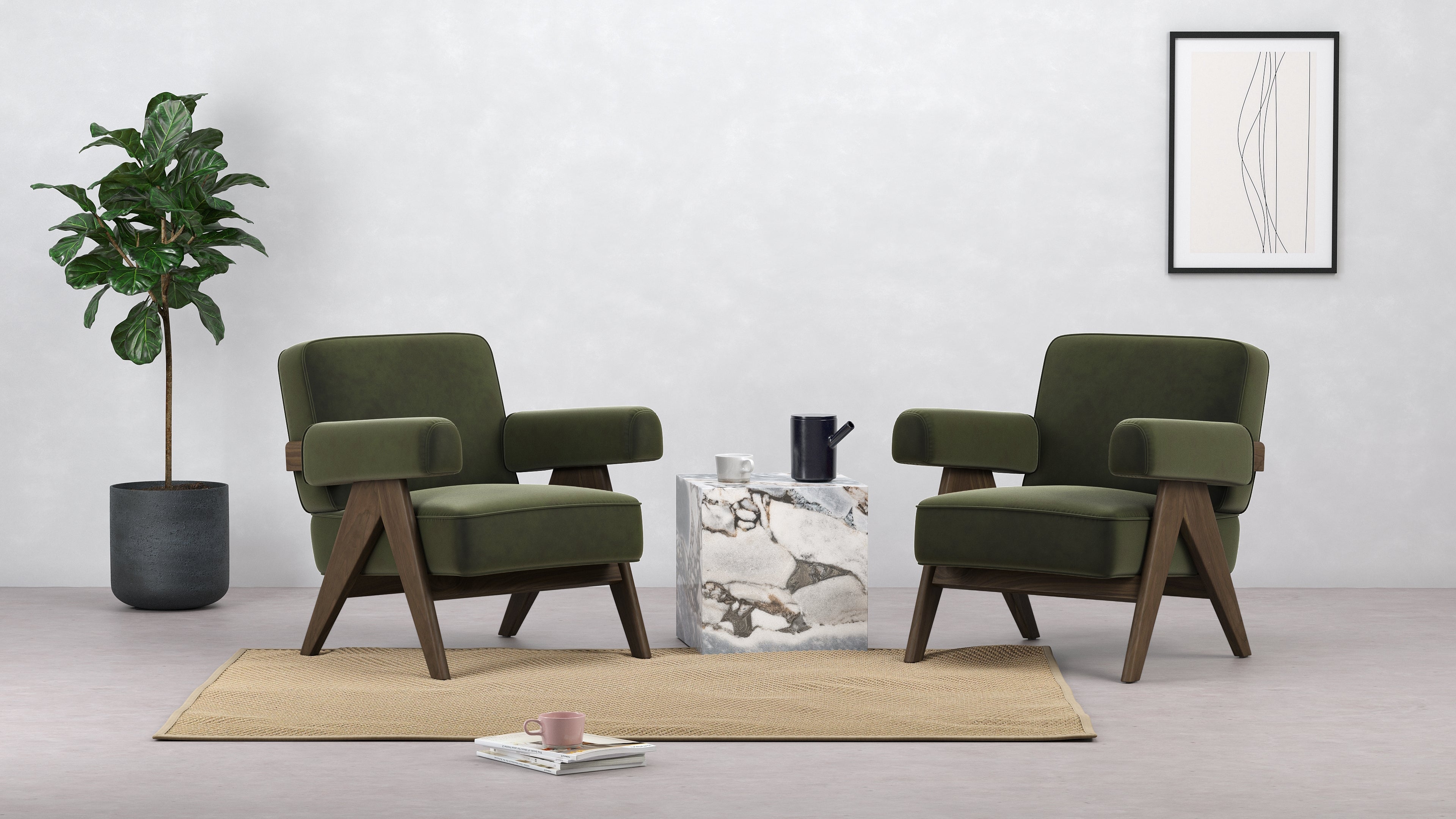 Jeanneret Armchair Olive Green Velvet Interior Icons