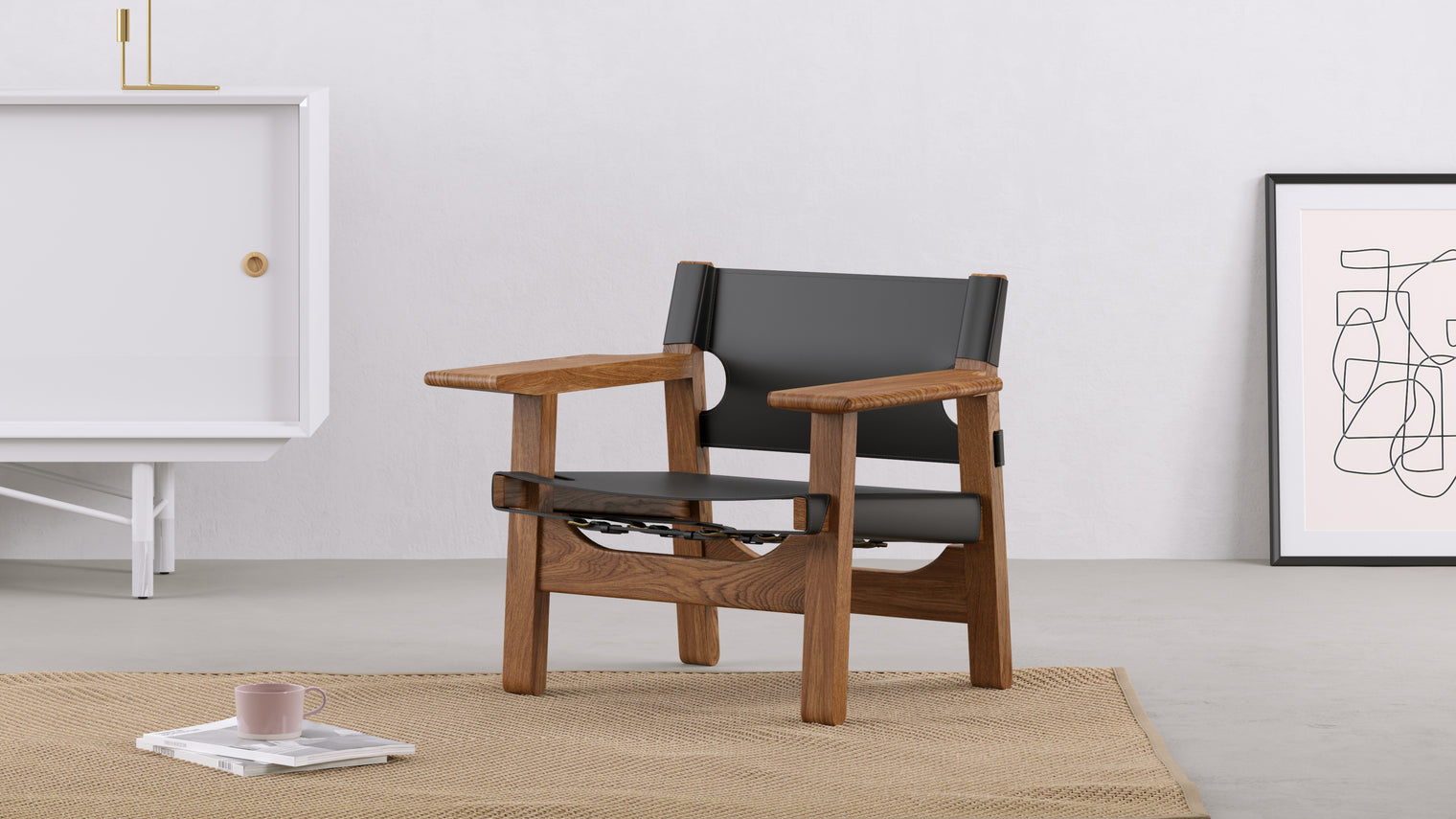 Spanish - Spanish Lounge Chair, Black Vegan Leather and Walnut Stain