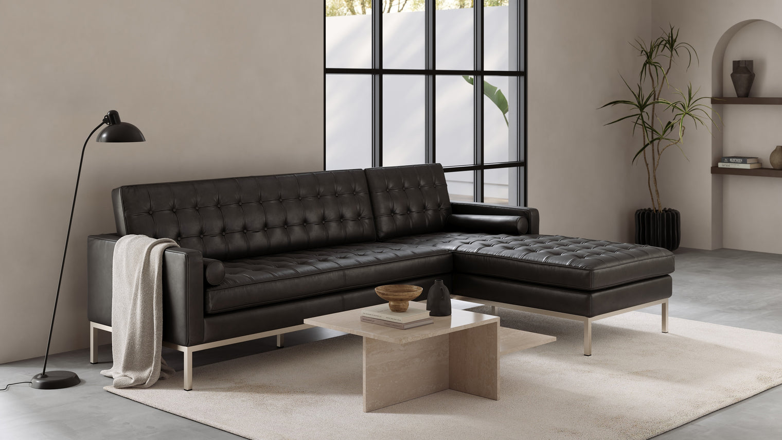 Florence - Florence Three Seater Sofa, Right Chaise, Midnight Black Premium Leather
