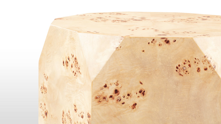 Beautiful Burl Wood | What truly sets the Callie Side Table apart is its unparalleled burl wood veneer finish. This exquisite veneer showcases the natural beauty of the wood, with swirling patterns and intricate grains add depth and character to the table's minimalist design.
