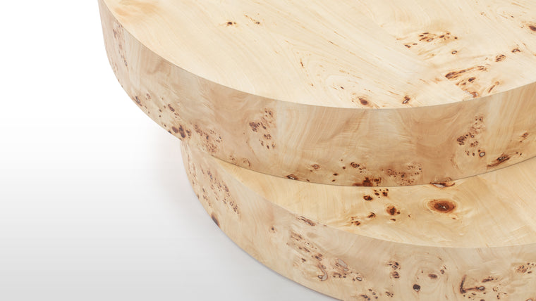 Make a Lasting Impression | But what truly sets the Chia Coffee Table apart is its exquisite burl wood veneer. Each table is a work of art, showcasing the natural beauty of the wood with its unique patterns and textures. Hand-selected and expertly arranged, the burl wood veneer adds a touch of organic warmth and richness to the table, making it a focal point of any room.
