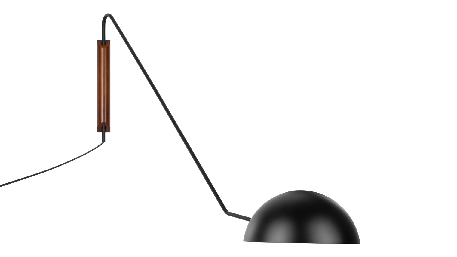 Stylish and Adjustable | The Kyos Wall Lamp boasts a sleek, contemporary design with its black domed shade and walnut-colored wood mount, exuding a minimalist yet sophisticated aesthetic. Its clean lines and adjustable arm make it a versatile addition to modern interiors.
