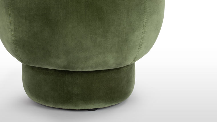 Fresh Form | The Nino Ottoman’s small, round form closely resembles a mushroom shape. Upholstered in a low maintenance, forest-colored velvet, its fresh green hue evokes the color of nature, bringing a touch of the outdoors inside.
