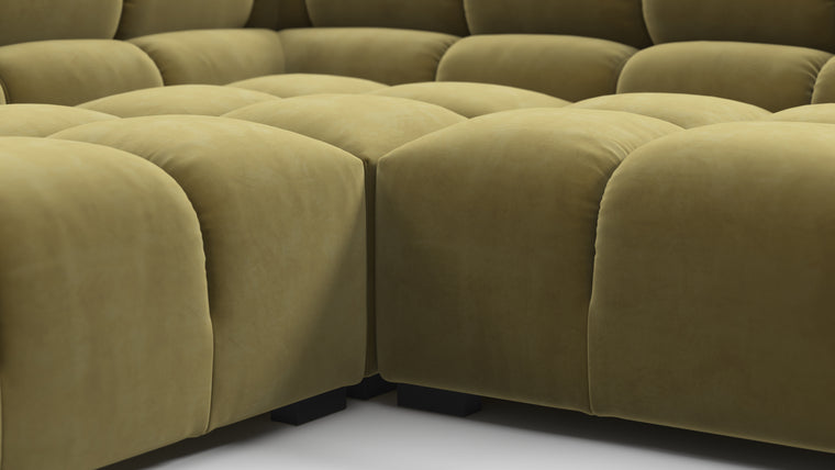 SUPERIOR COMFORT | Designed with the easy-going, informal ethos of the 1970s in mind, the Tufted modules are generously proportioned, coming together in a bench-like base with barely-there connections, allowing plenty of room for you to lean back and curl up in comfort.
