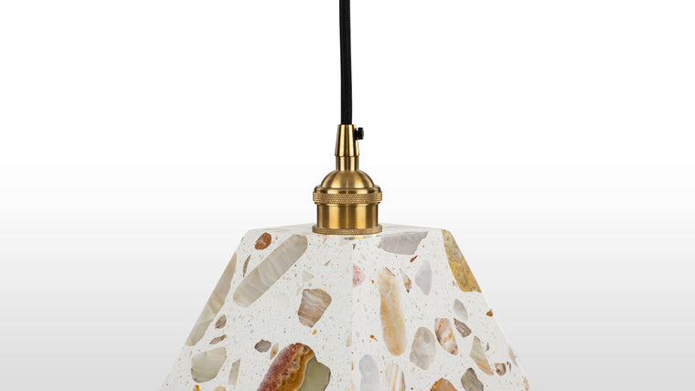 Italian Inspired Materials | Made from terrazzo panels, iron fittings with a brass finish, and a sleek black cord, this light showcases durable and stylish materials that enhance its contemporary appeal.
