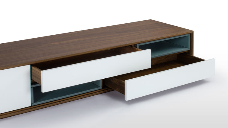 Sleek and Low maintenance | Crafted with a warm wooden veneer and sleek matte white panels, the console exudes contemporary sophistication, blending durability with minimalist charm.
