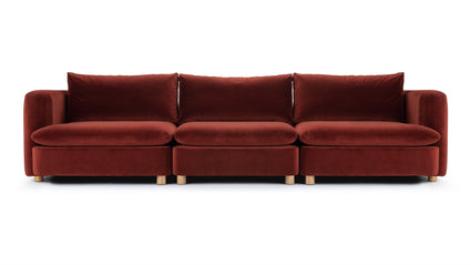 Timeless Style and Detail | A look that is both classic and contemporary. The Morrell sectional collection boasts a timeless aesthetic, blending rich red velvet with modern stitch detailing and neat wooden legs.