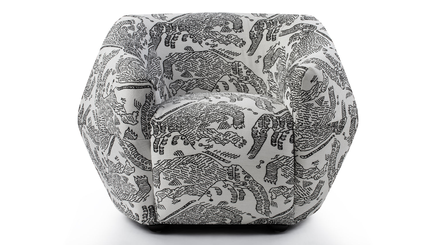 Wildly Captivating | The Bosse Armchair is a harmonious blend of comfort and bold design, featuring geometric contours and captivating black-and-white tiger patterns. This chair is ideal for those seeking a functional yet artful centerpiece for modern or eclectic interiors.
