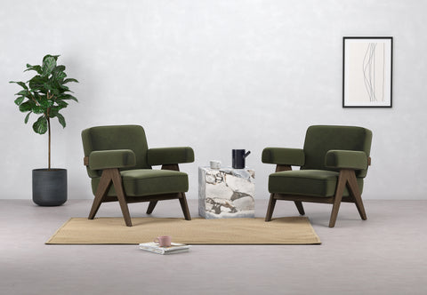 Jeanneret - Jeanneret Lounge Chair, Olive Green Velvet