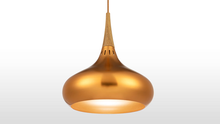 QUALITY MATERIALS | Boasting a deep copper tone and gorgeous wood top, this pendant lamp is expertly crafted of long-lasting mixed materials. Not only is it functional, but it’s on-trend, too.
